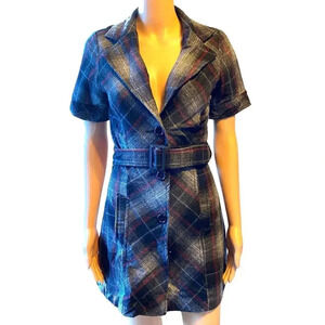 Poetry Wool Blend Plaid Midi Jacket Dress S Pocket Belt Short sleeve 3 Button